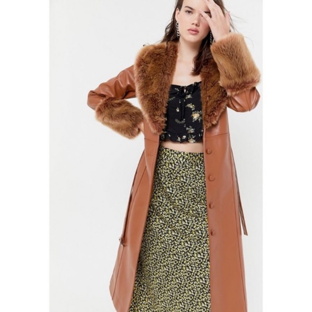 Urban Outfitters Jackets & Coats | Glam Faux Fur Faux Leather Brown Trench Coat - Picture 4 of 7